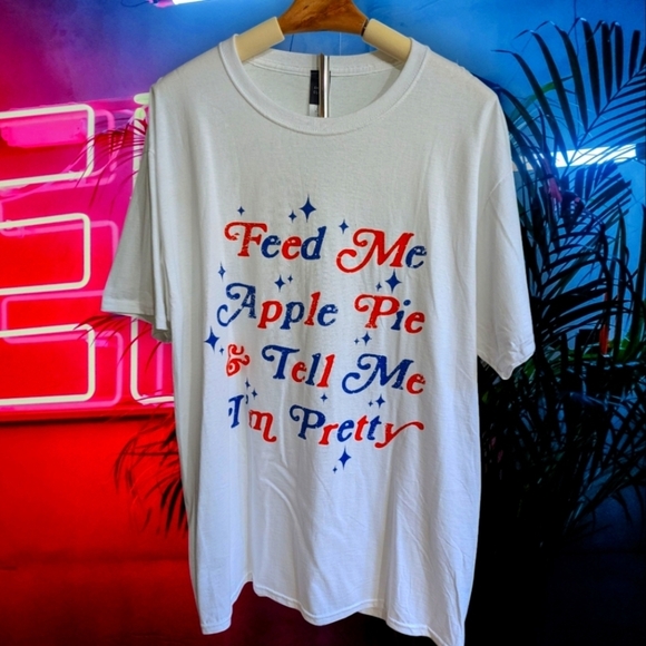 NWOT Sweet Claire Oversized White Tee with Red and Blue Text Size S/M - Picture 2 of 6